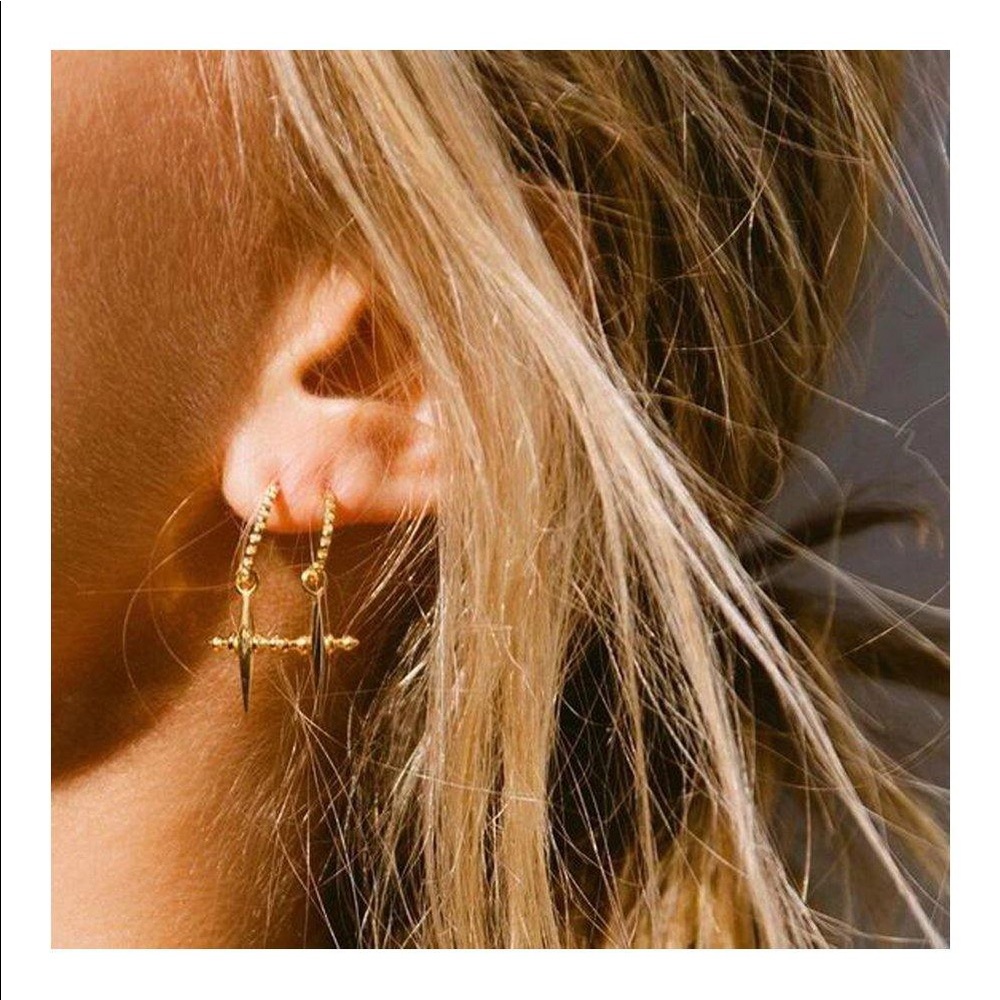 LUV AJ GOLD MINI CROSS EARRINGS DAINTY MEJURI BAUBLEBAR VANESSA MOONEY REVOLVE - Picture 9 of 16